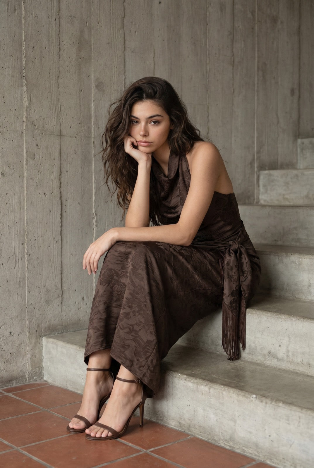 Too Busy Halter Neck Maxi Dress with Fringe Scarf