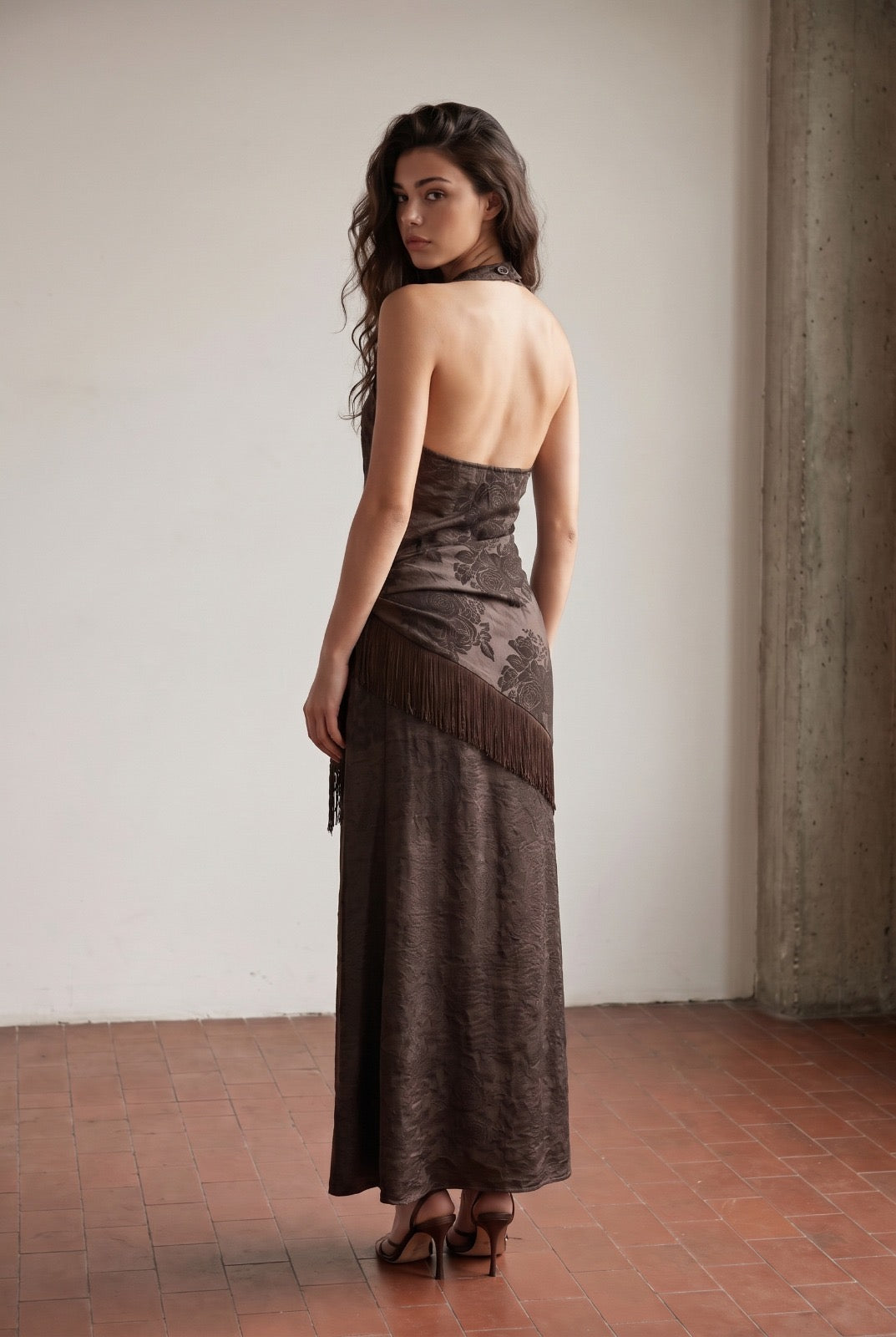 Too Busy Halter Neck Maxi Dress with Fringe Scarf