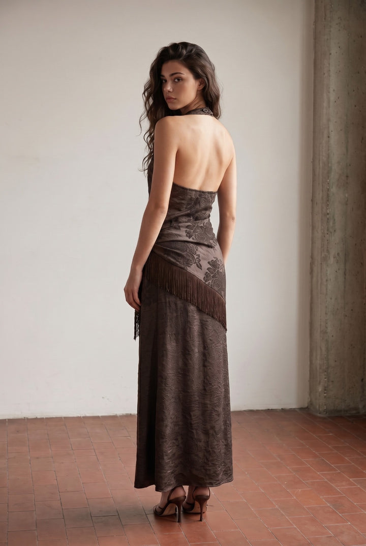 Too Busy Halter Neck Maxi Dress with Fringe Scarf