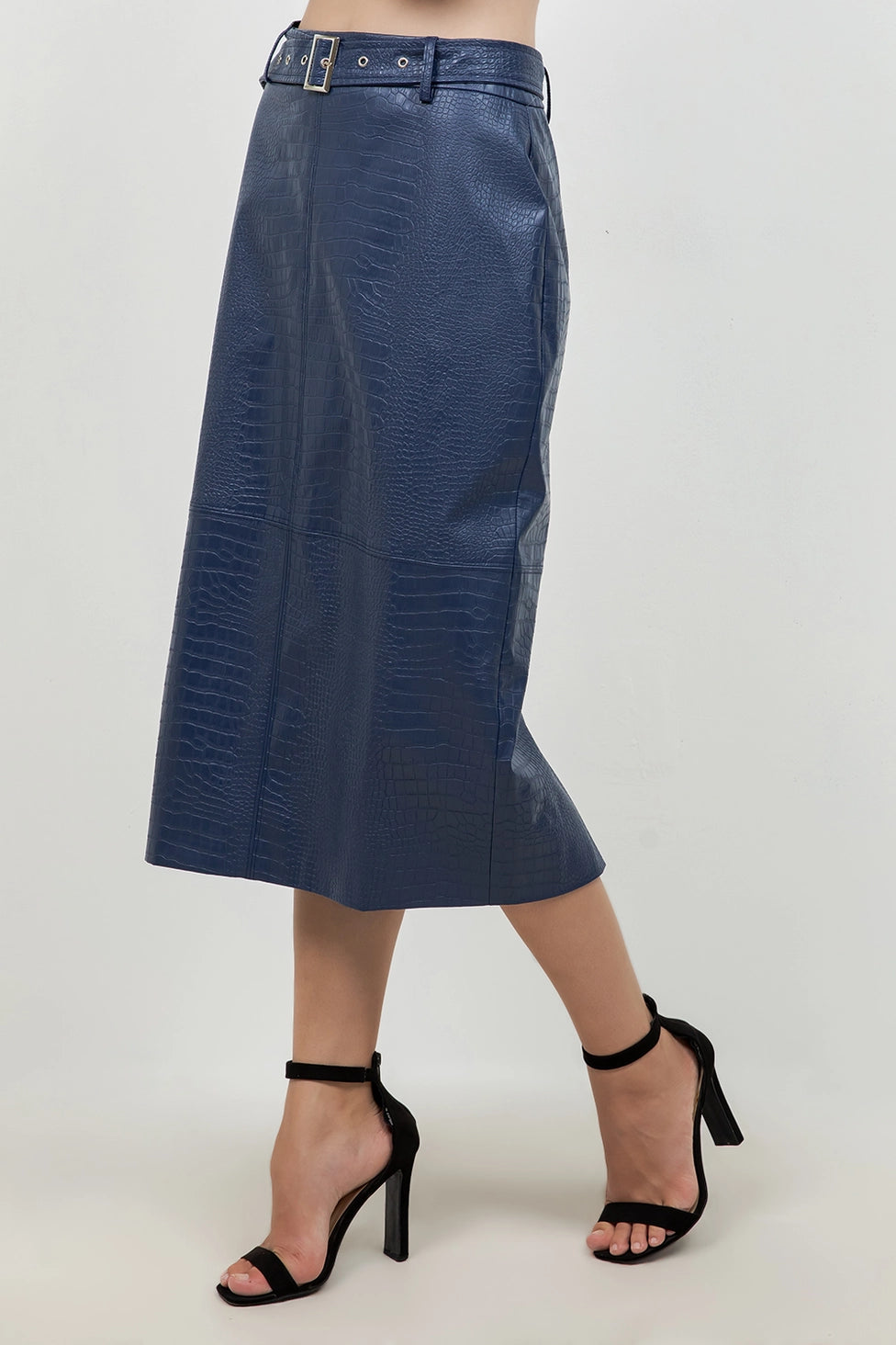 Croc Embossed Faux Leather Midi Skirt