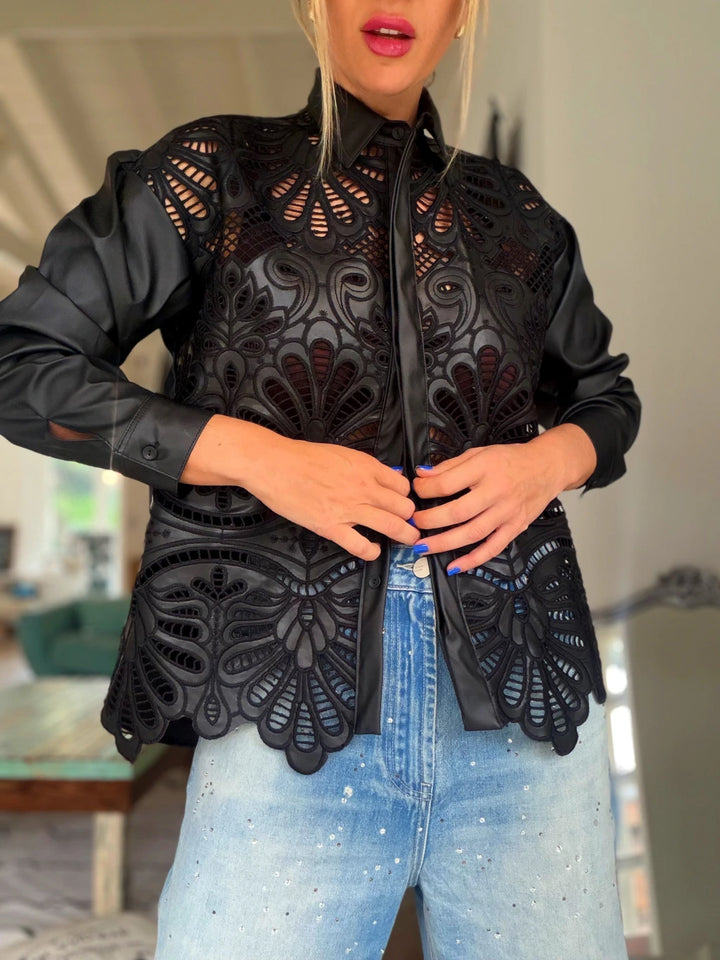 Jolene Cutout Leather Button Down Top
