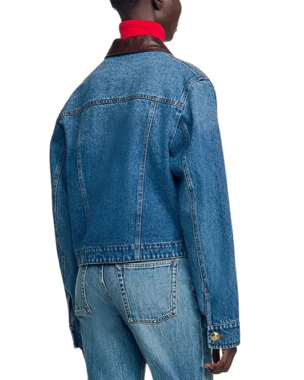 Cassidie Leather Collar Denim Top