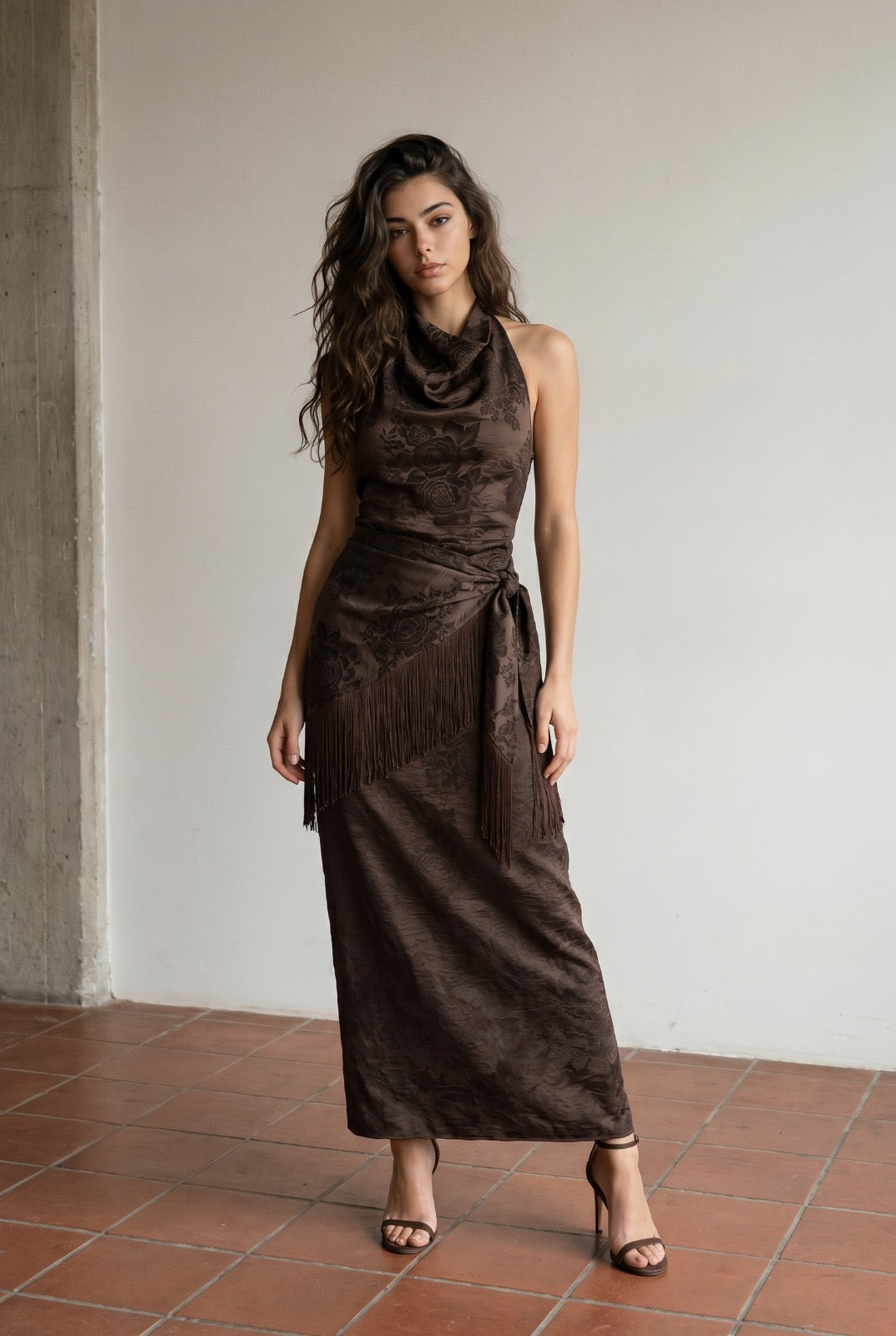 Too Busy Halter Neck Maxi Dress with Fringe Scarf