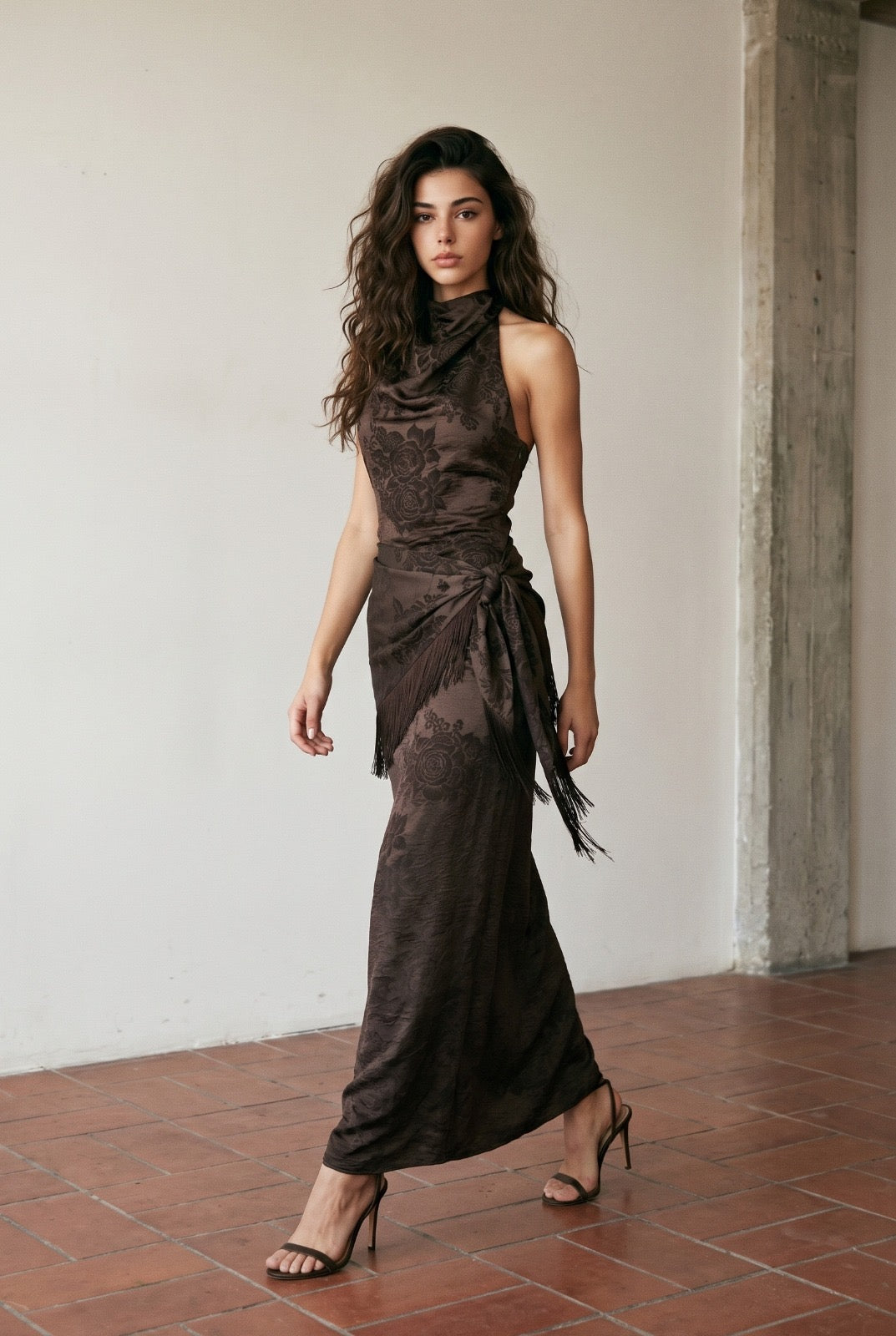 Too Busy Halter Neck Maxi Dress with Fringe Scarf