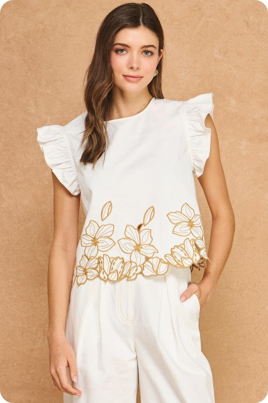 Whimsy Embroidered Twill Ruffle Top