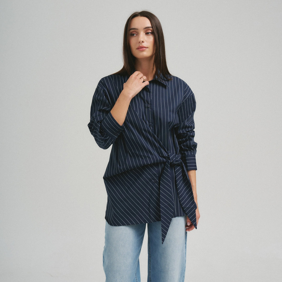 Ashberry Asymmetrical Tie Waist Button Down Top