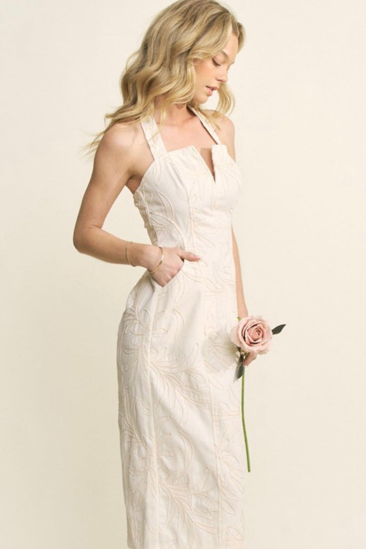 Alizah Embroidered Halter Midi Dress