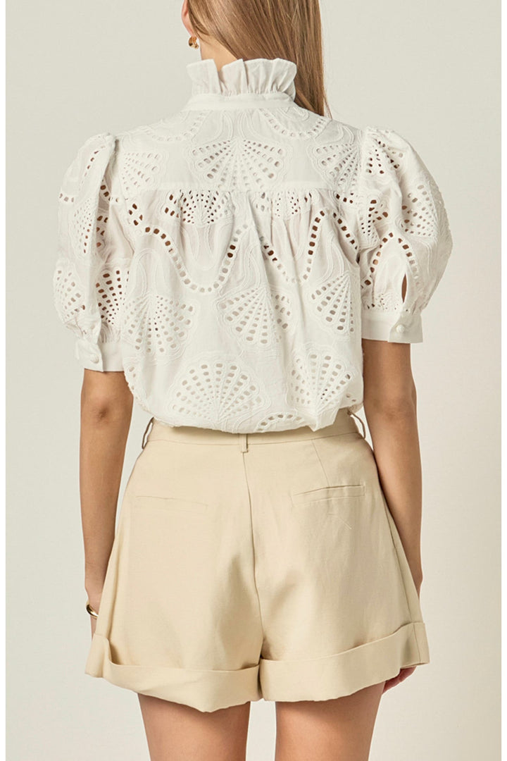 Petaluma Embroidered Ruffle Neck Top
