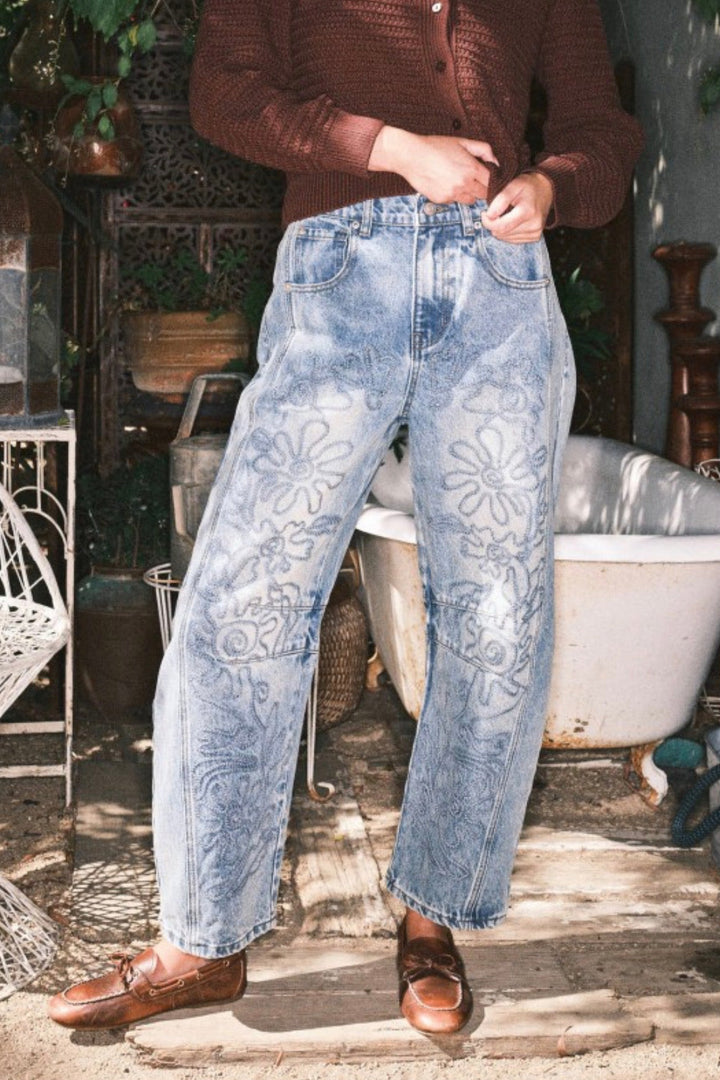 Feeling Festive Embroidered Barrel Jeans