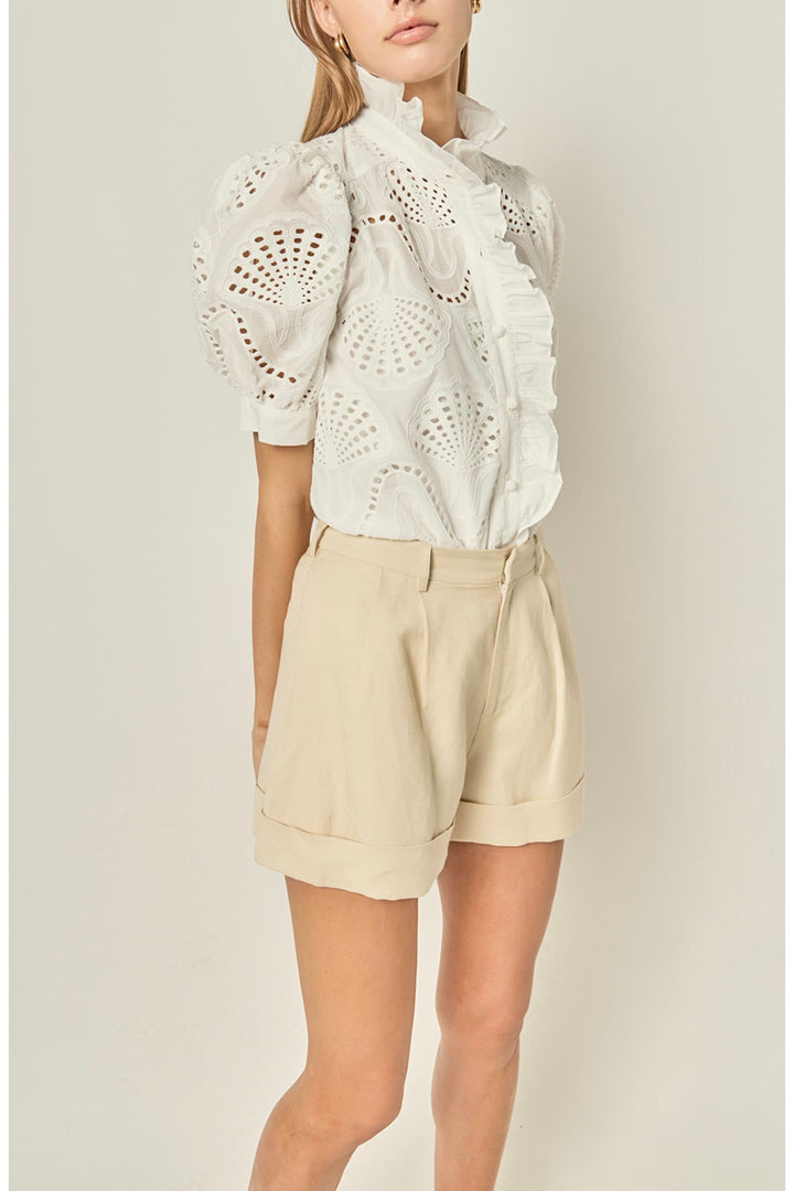 Petaluma Embroidered Ruffle Neck Top