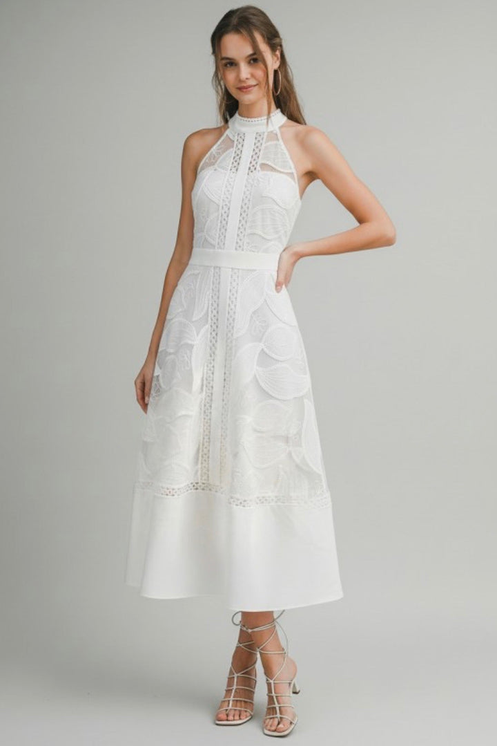 Sculpted High Neck Lace Midi Dress