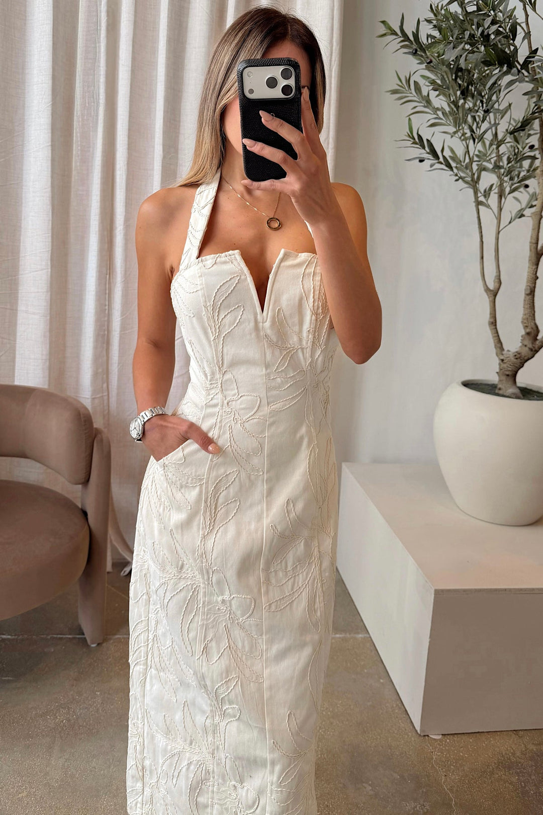 Alizah Embroidered Halter Midi Dress