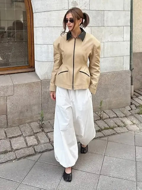 Faux Leather Contrast Collar Top