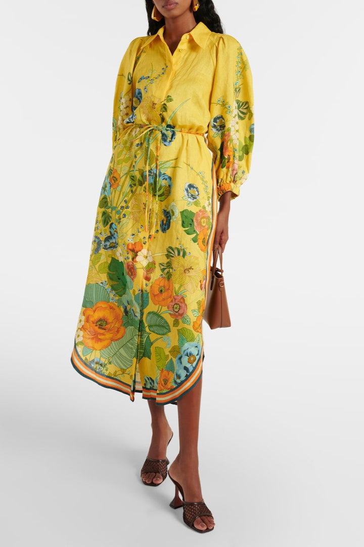 Floral Puff Sleeve Linen Midi Dress