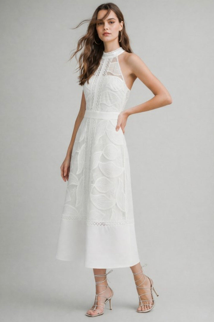 Sculpted High Neck Lace Midi Dress