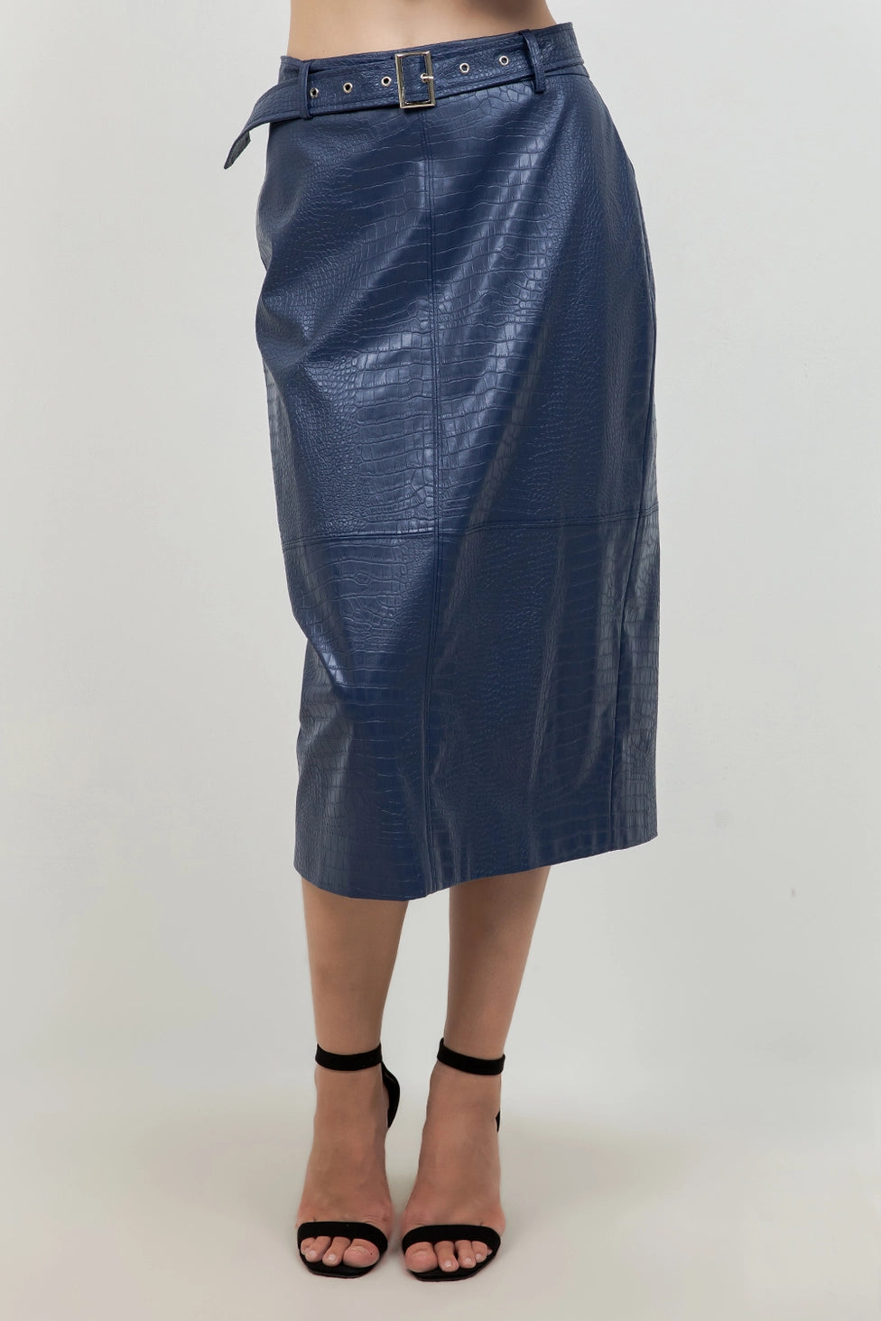 Croc Embossed Faux Leather Midi Skirt