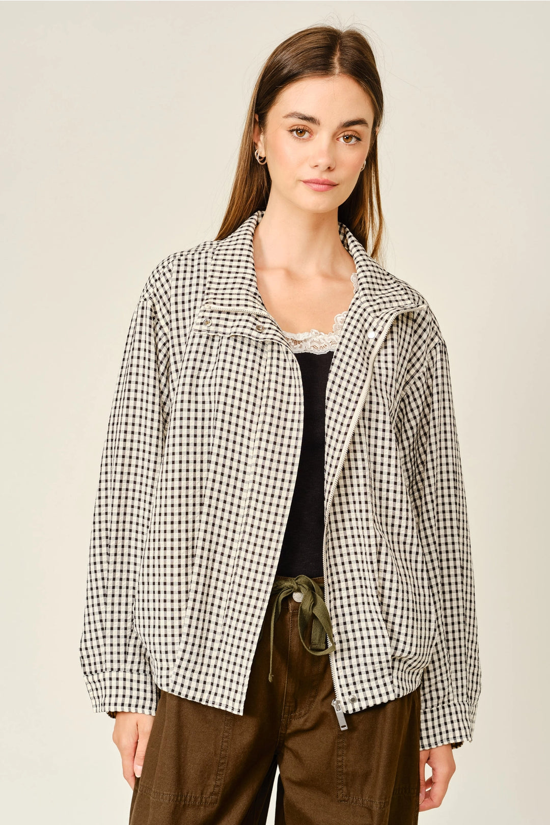 Plaid Funnel Neck Bomber Jacket