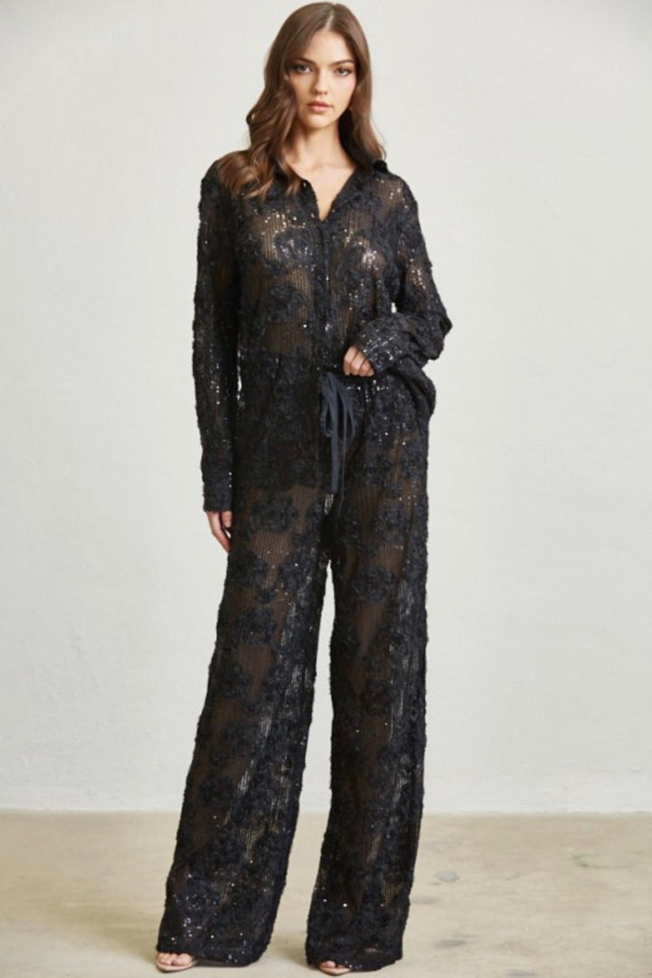 Carrie Sequin Mesh Buttondown Top