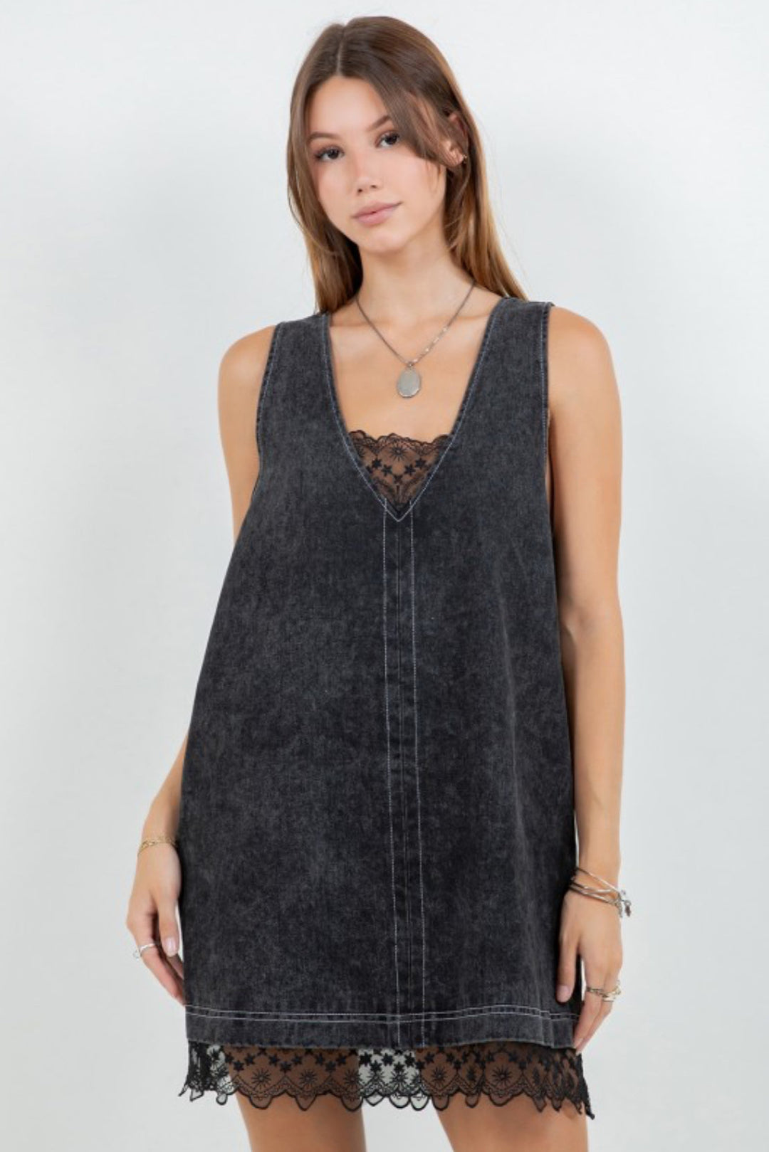 Cobian Denim Washed Lace Insert Shift Dress