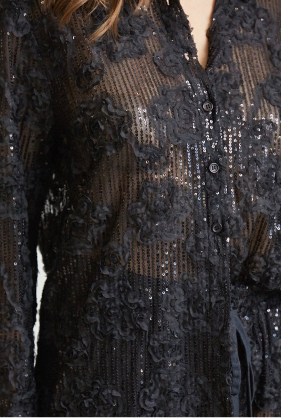 Carrie Sequin Mesh Buttondown Top