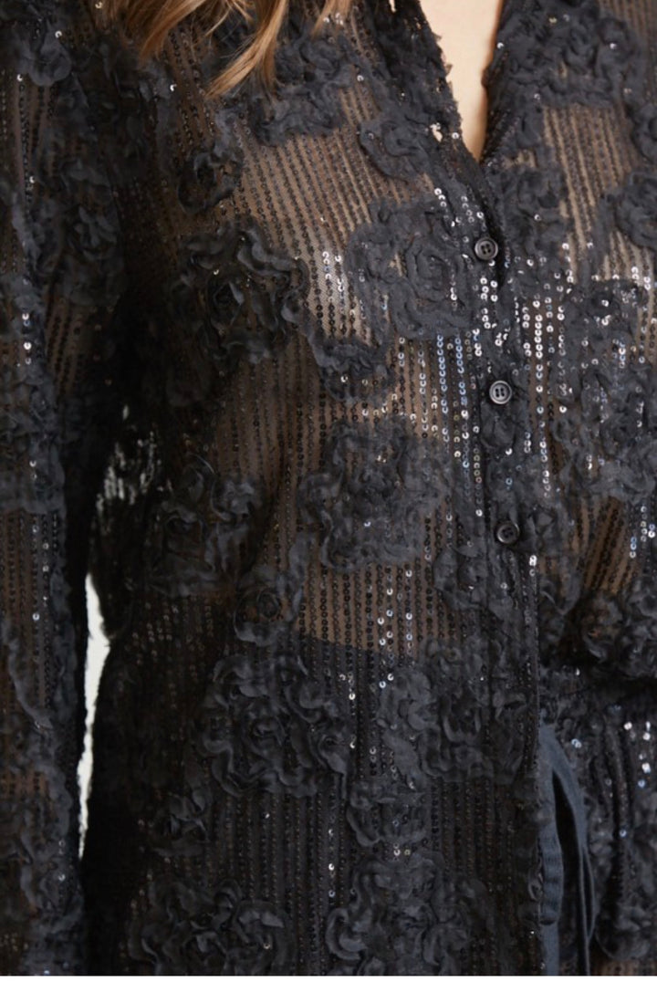 Carrie Sequin Mesh Buttondown Top