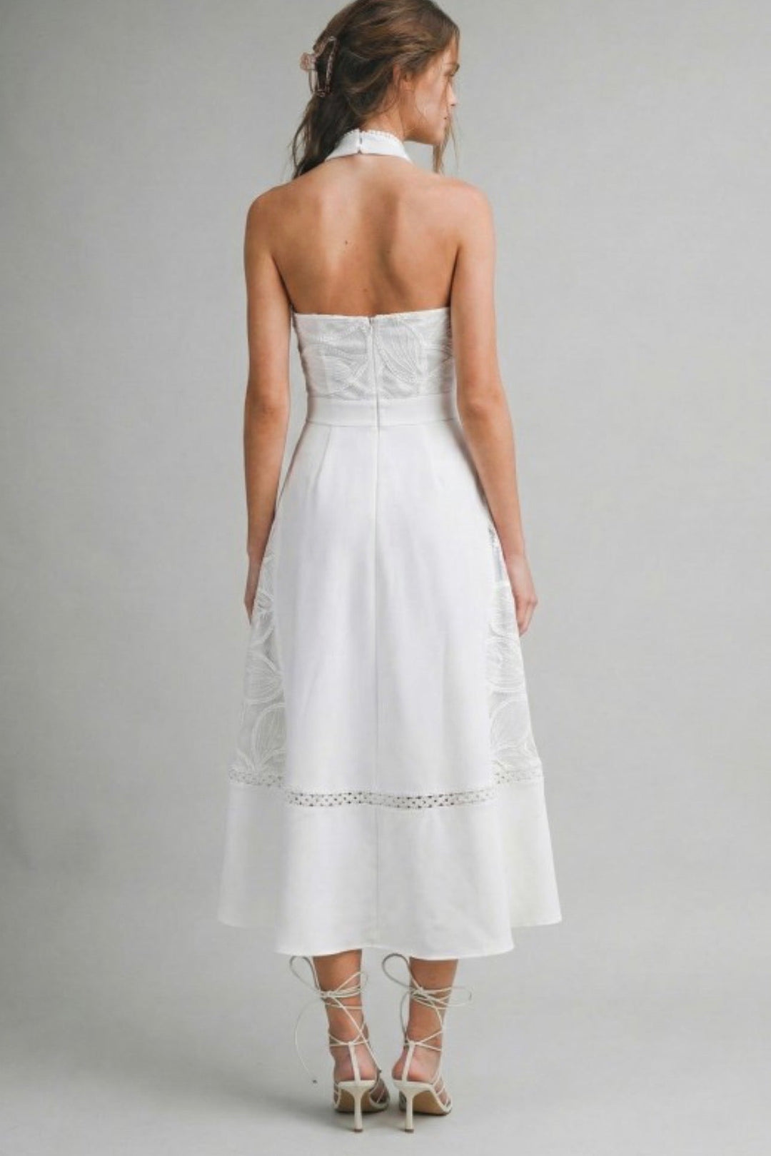 Sculpted High Neck Lace Midi Dress