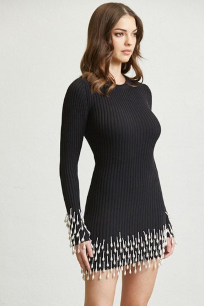 Pearl Beaded Ribbed Knit Dress