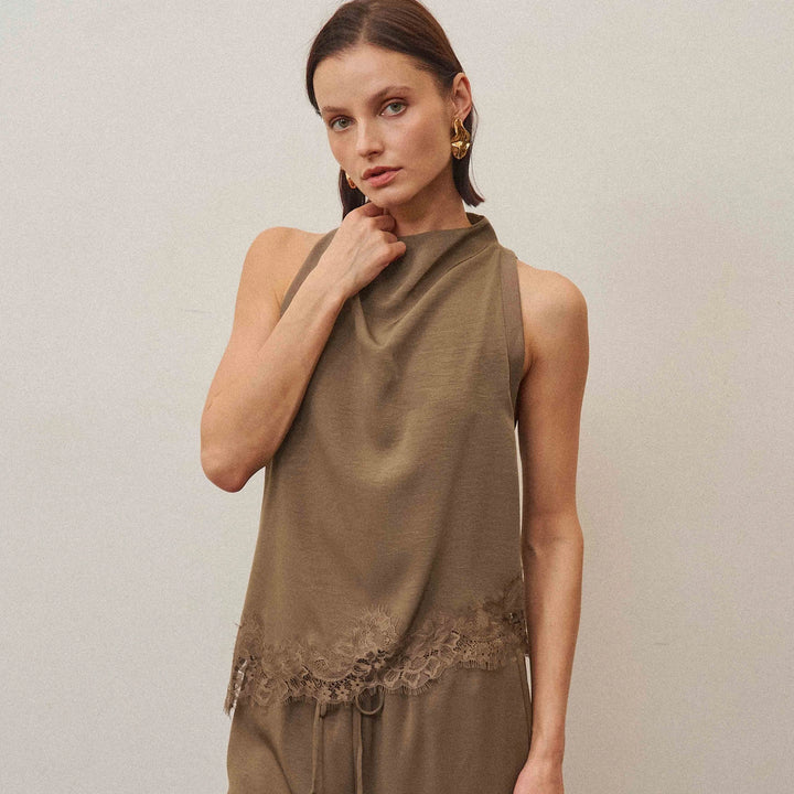 Twila High Cowl Neck Lace Top