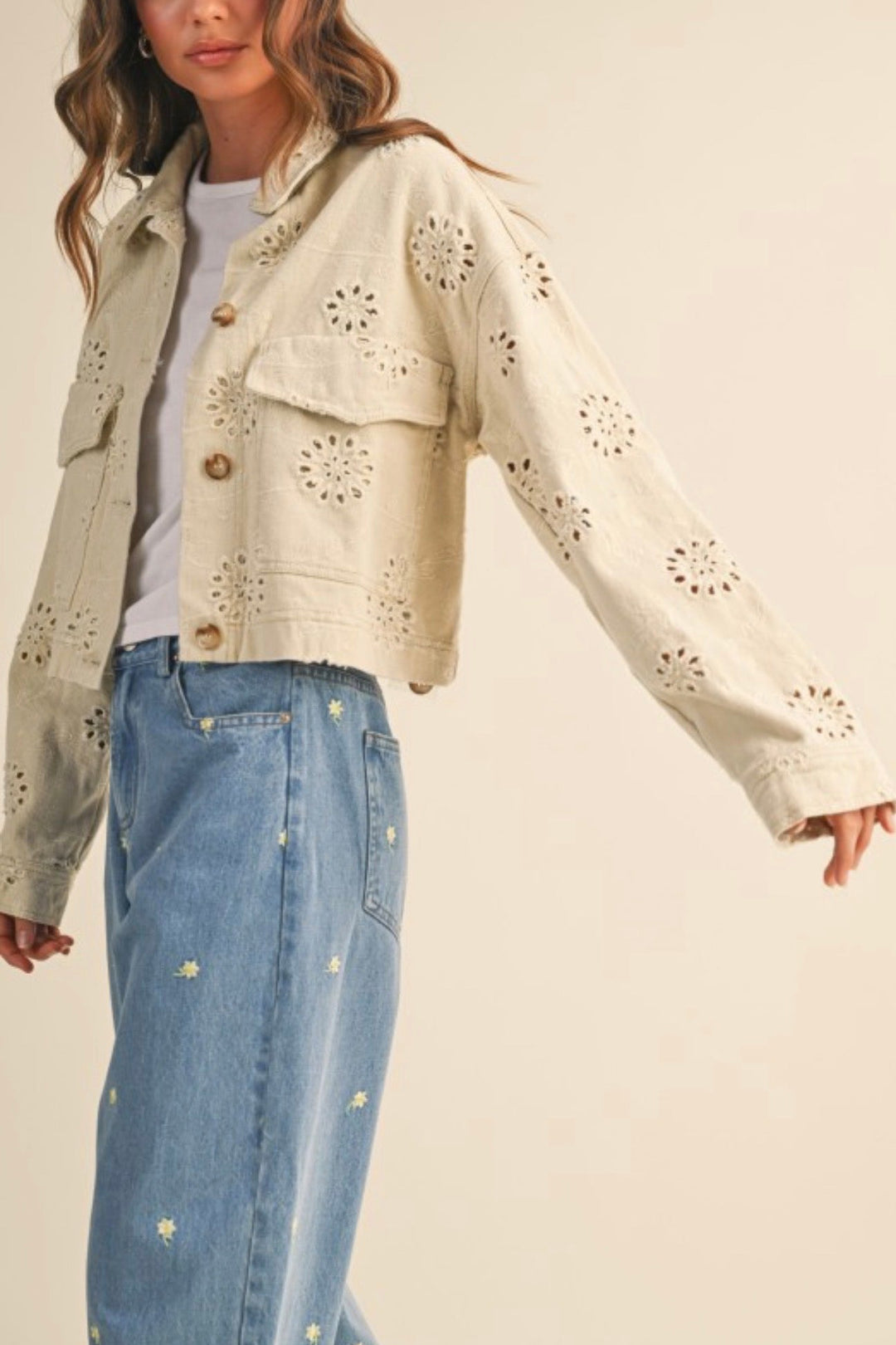 Leslie Eyelet Twill Trucker Jacket