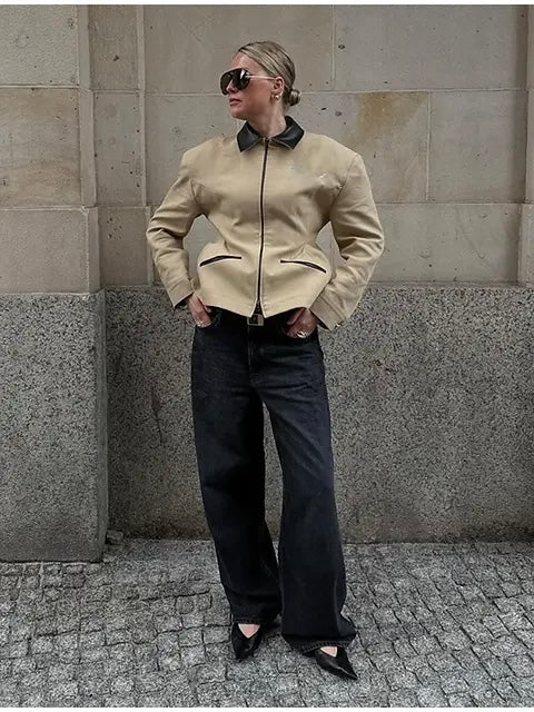 Faux Leather Contrast Collar Top