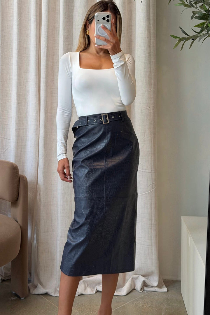 Croc Embossed Faux Leather Midi Skirt