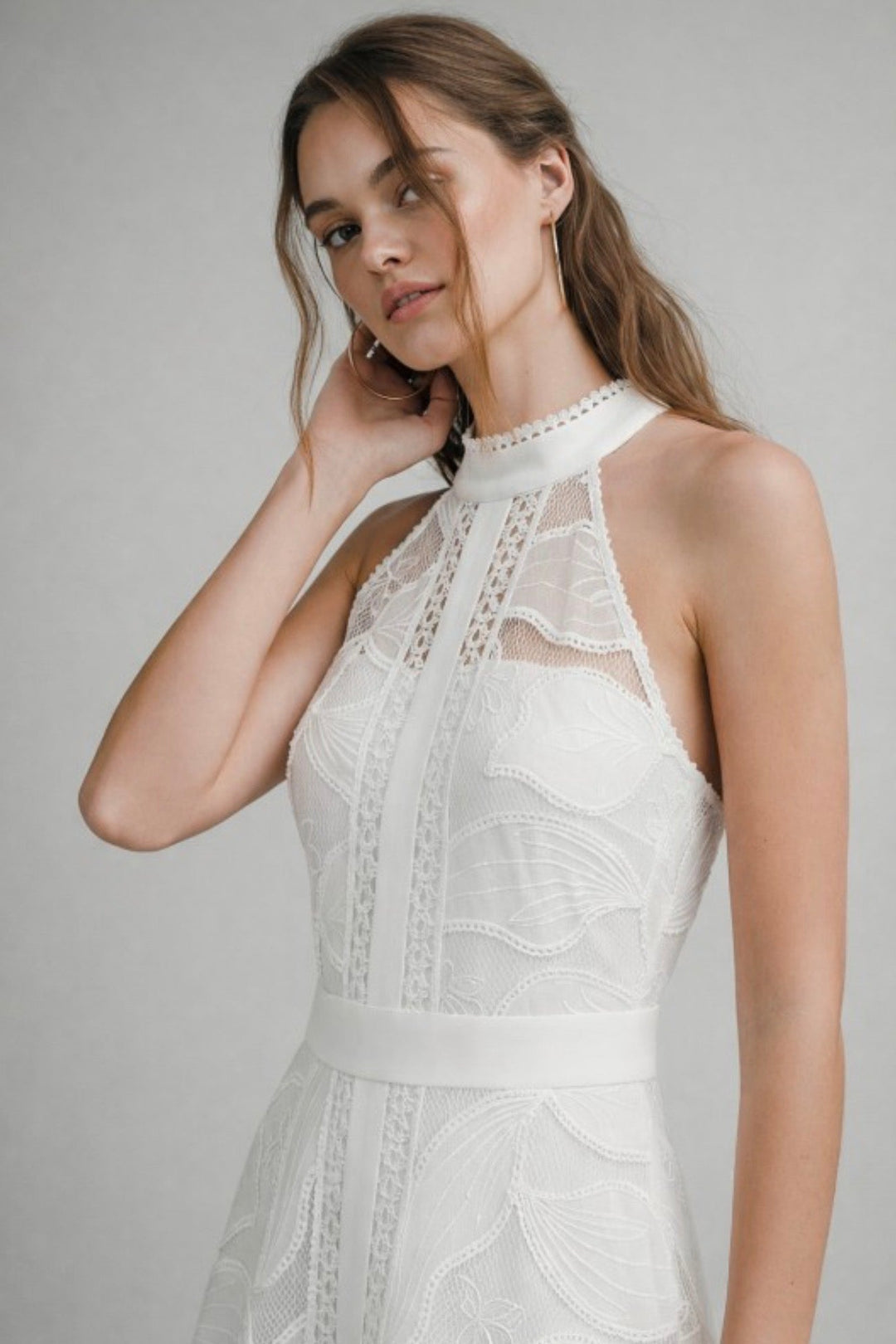 Sculpted High Neck Lace Midi Dress
