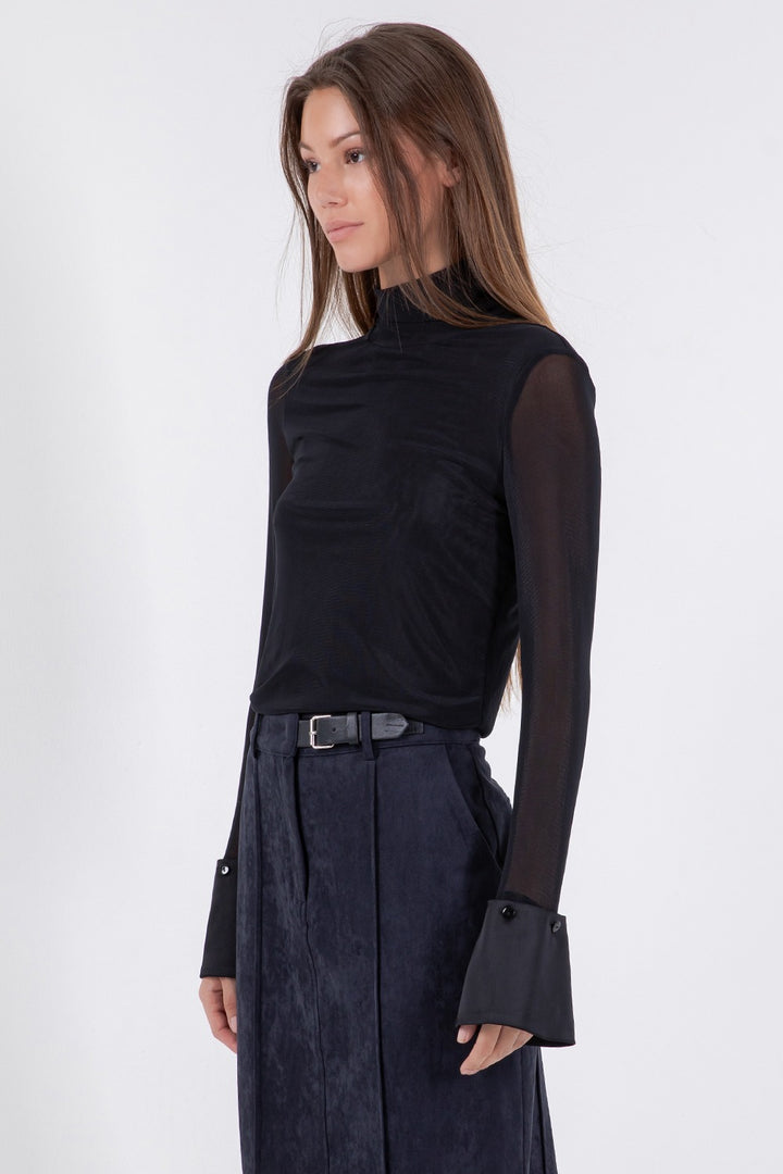 Take Me There Turtleneck Mesh Top With Satin Cuff