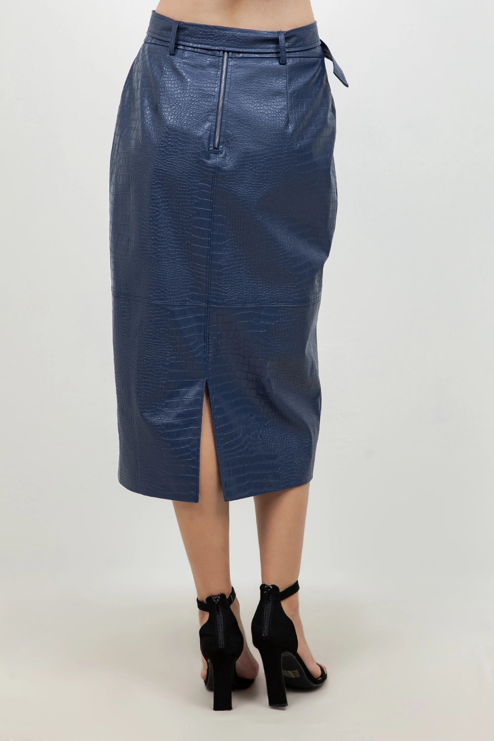Croc Embossed Faux Leather Midi Skirt