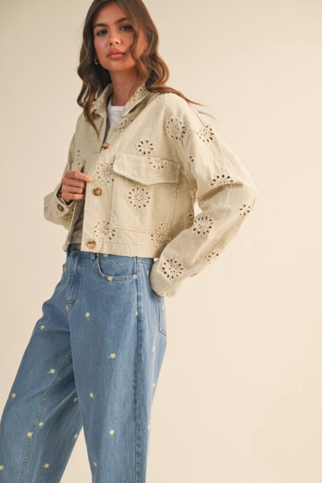 Leslie Eyelet Twill Trucker Jacket