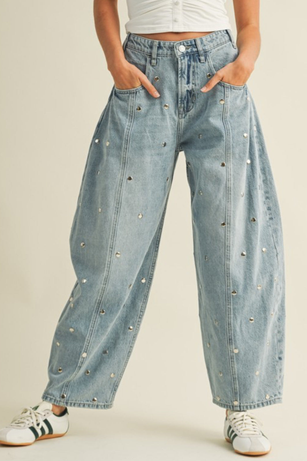 Hidden Treasure Studded Barrel Jeans