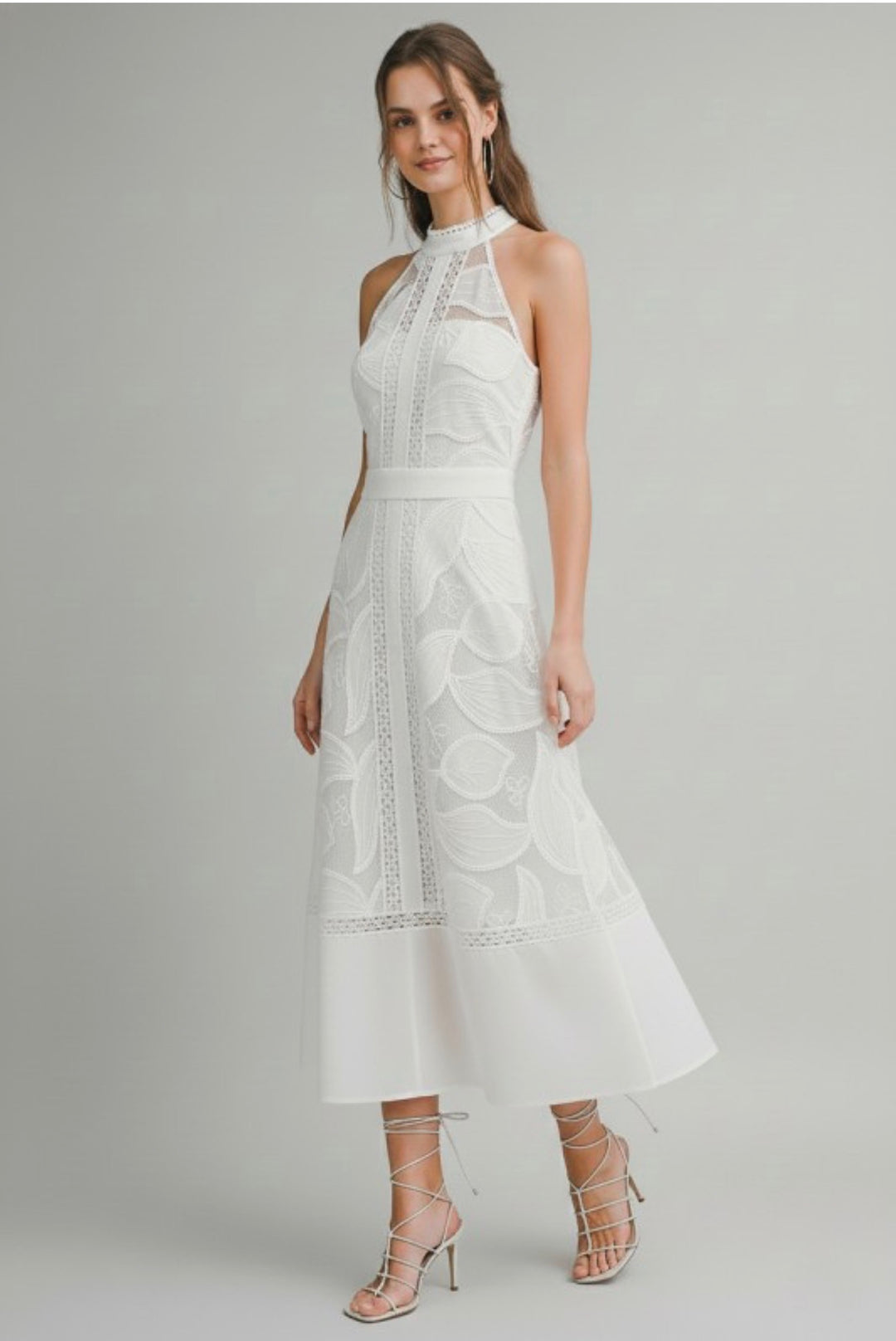 Sculpted High Neck Lace Midi Dress