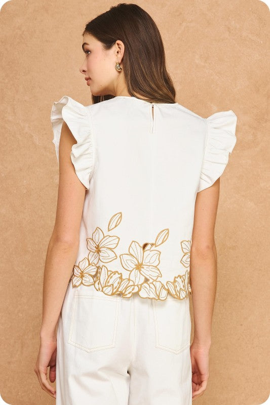 Whimsy Embroidered Twill Ruffle Top