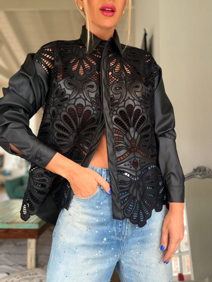 Jolene Cutout Leather Button Down Top