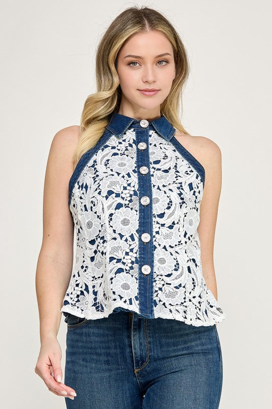 Dusty Trail Lace Denim Top