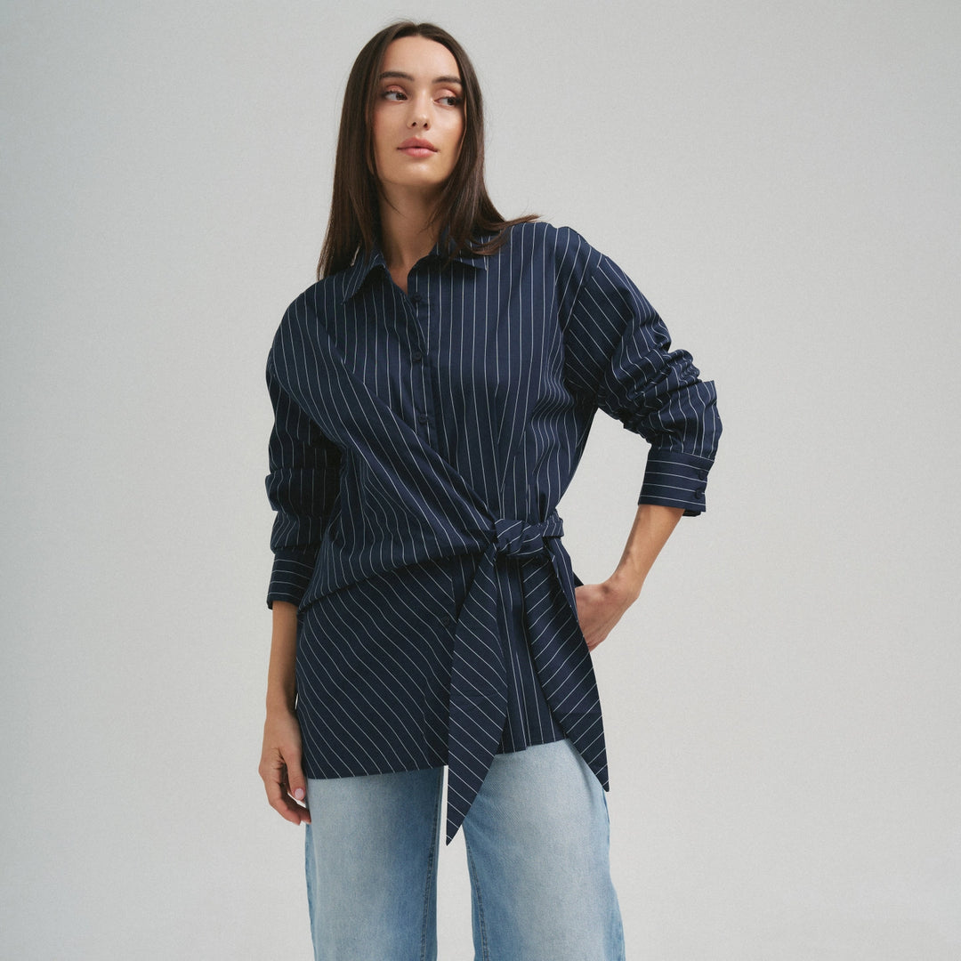 Ashberry Asymmetrical Tie Waist Button Down Top