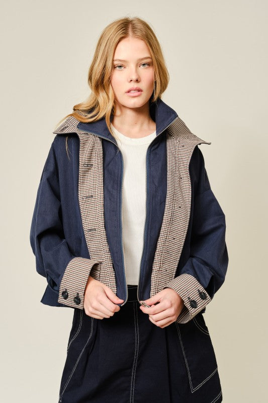Liora Bomber Jacket with Plaid Details