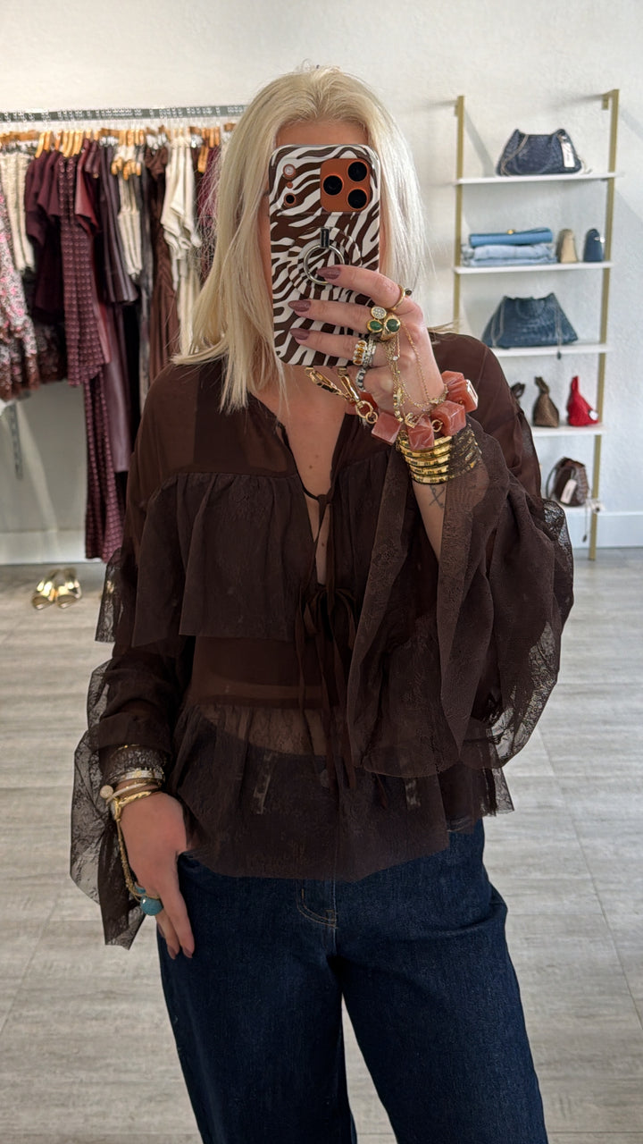 Tie Front Lace Ruffle Top