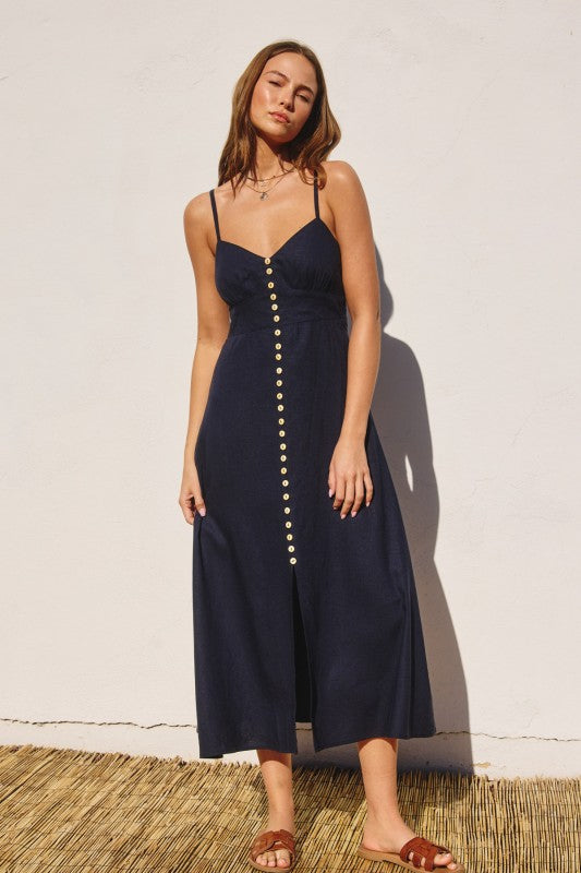Terra Linen Shirred Button Midi Dress