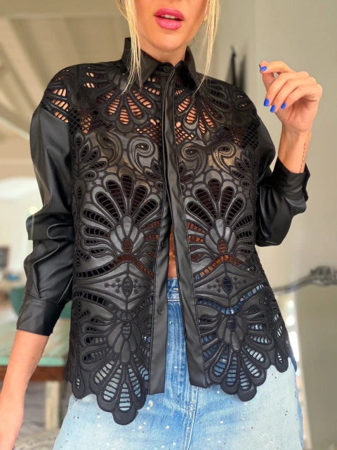 Jolene Cutout Leather Button Down Top