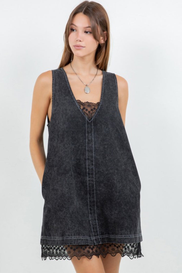 Cobian Denim Washed Lace Insert Shift Dress