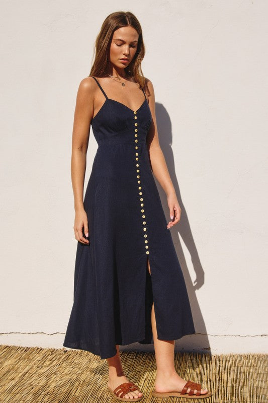 Terra Linen Shirred Button Midi Dress