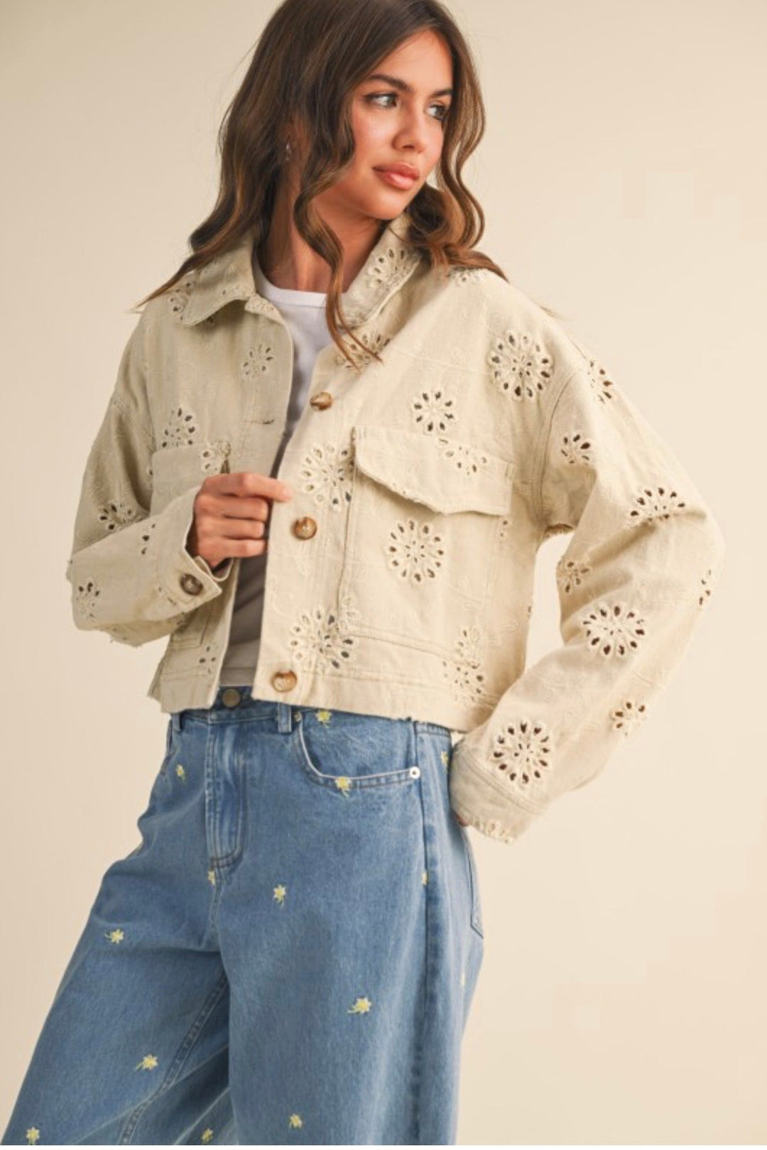 Leslie Eyelet Twill Trucker Jacket
