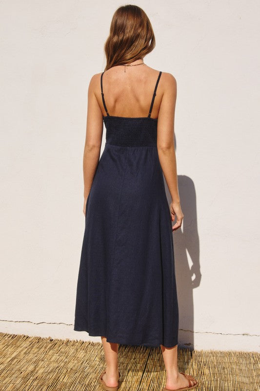 Terra Linen Shirred Button Midi Dress
