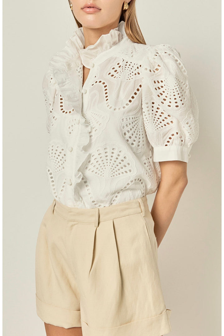 Petaluma Embroidered Ruffle Neck Top
